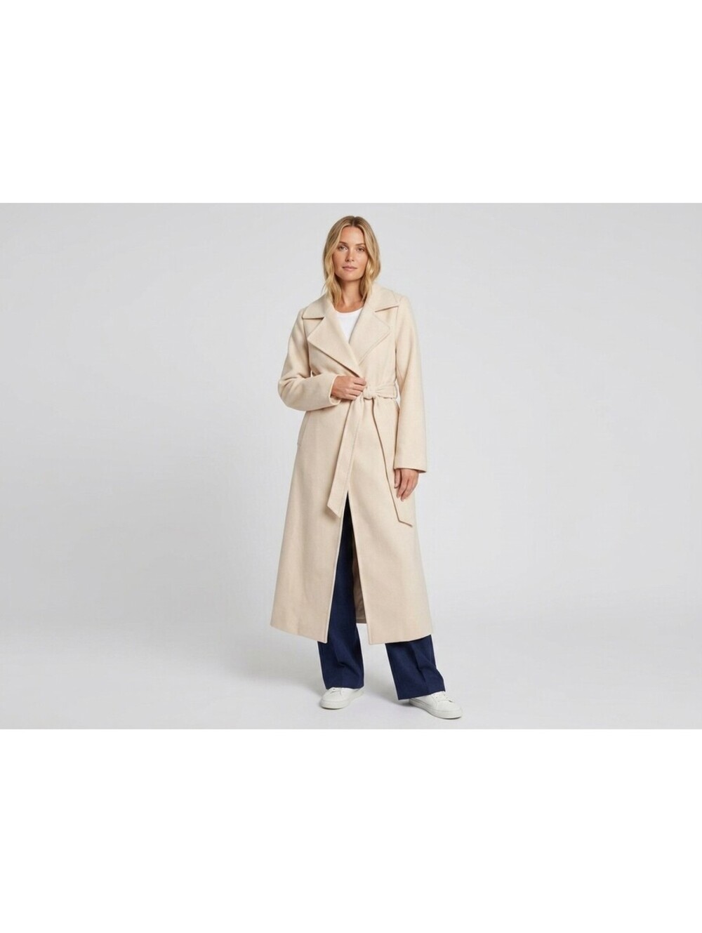 NWT Belle & Bloom Women's Off White Cream Wool Blend Belted Wrap Maxi Coat Sz S